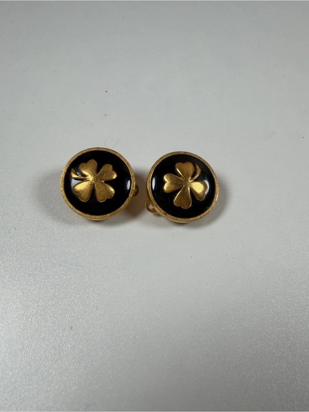 Chanel Vintage Black Enamel Gold-Tone Clover Clip-On Earrings